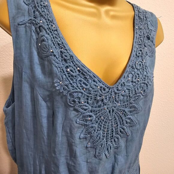 Embroidered Long Dress Womens Lge Crinkle Blue Midi Fairy Cottage Stretch Waist - Picture 1 of 10